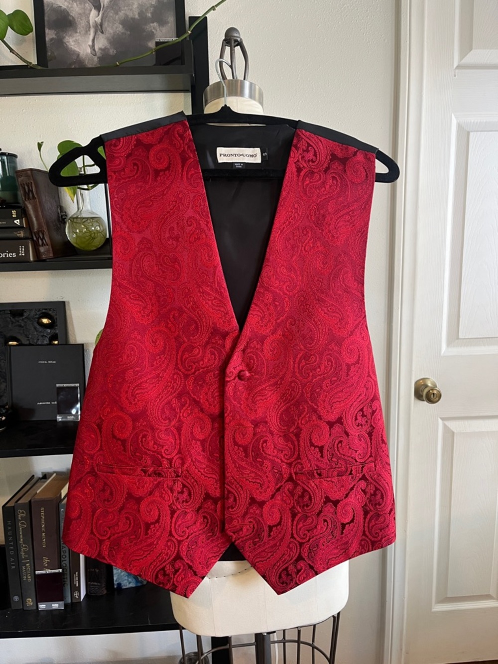 Red Satin Paisley Pronto Uomo Men's Tuxedo Vest with Black Satin back, Size S